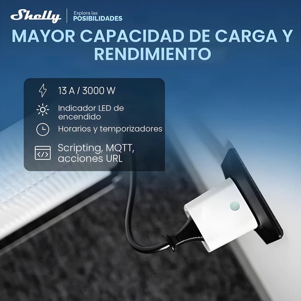Prise intelligente Shelly Plug M Gen3 Blanc Mesure de consommation Matter 13A, infographie: branchée sur multiprise avec LED