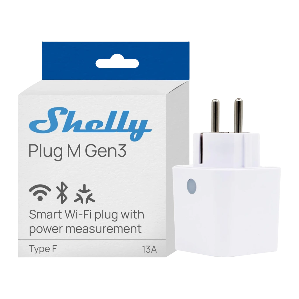 Prise intelligente Shelly Plug M Gen3 Blanc Mesure de consommation Matter 13A, boîte et produit: emballage bleu blanc
