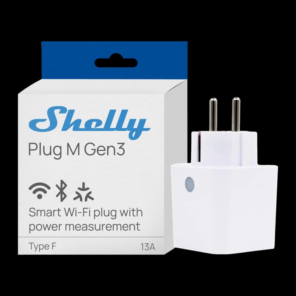 Prise intelligente Shelly Plug M Gen3 Blanc Mesure de consommation Matter 13A, boîte et produit: emballage bleu blanc