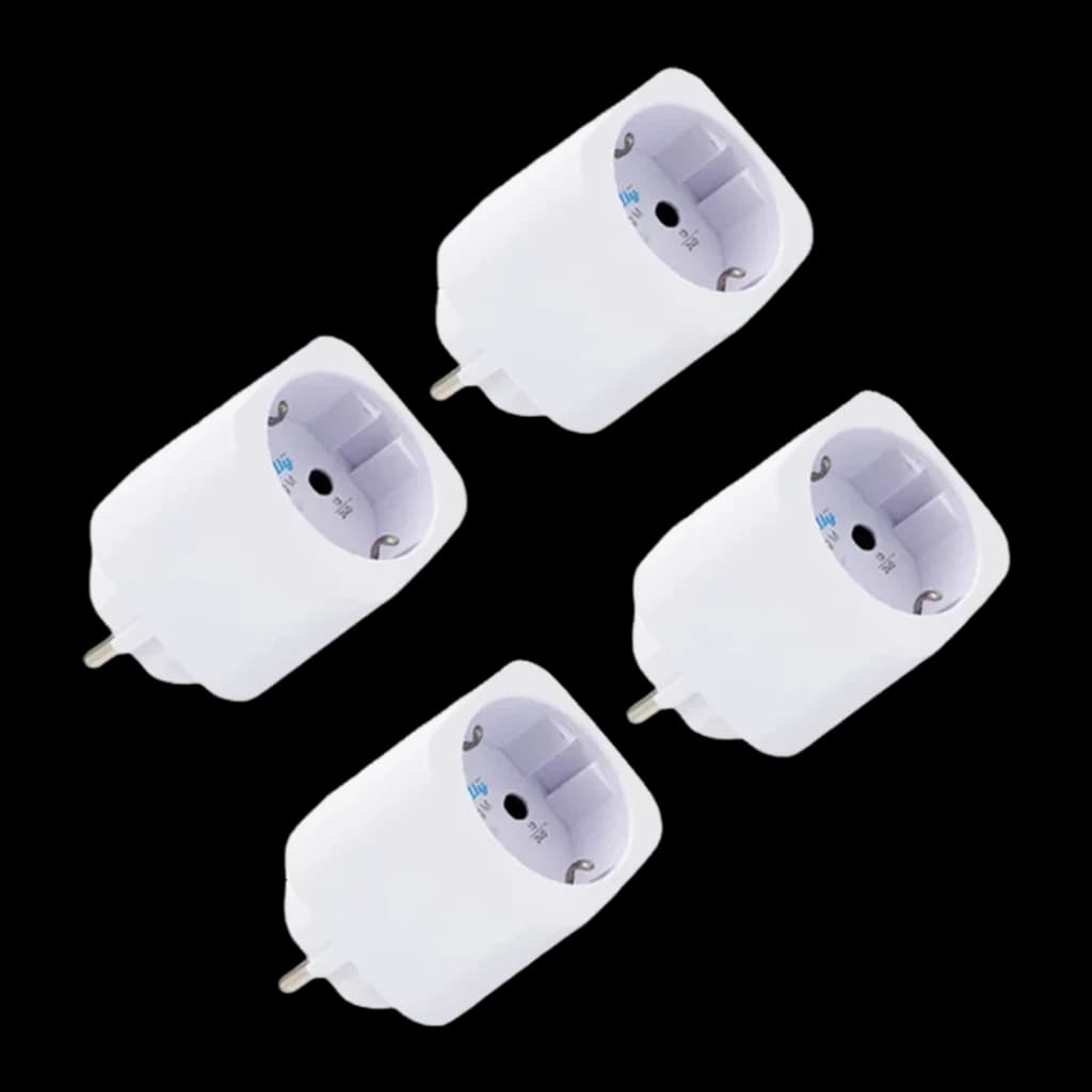 Prise intelligente Shelly Plug M Gen3 Pack 4 Blanc Mesure de consommation Matter WiFi, vue de face: 4 unités en diagonale