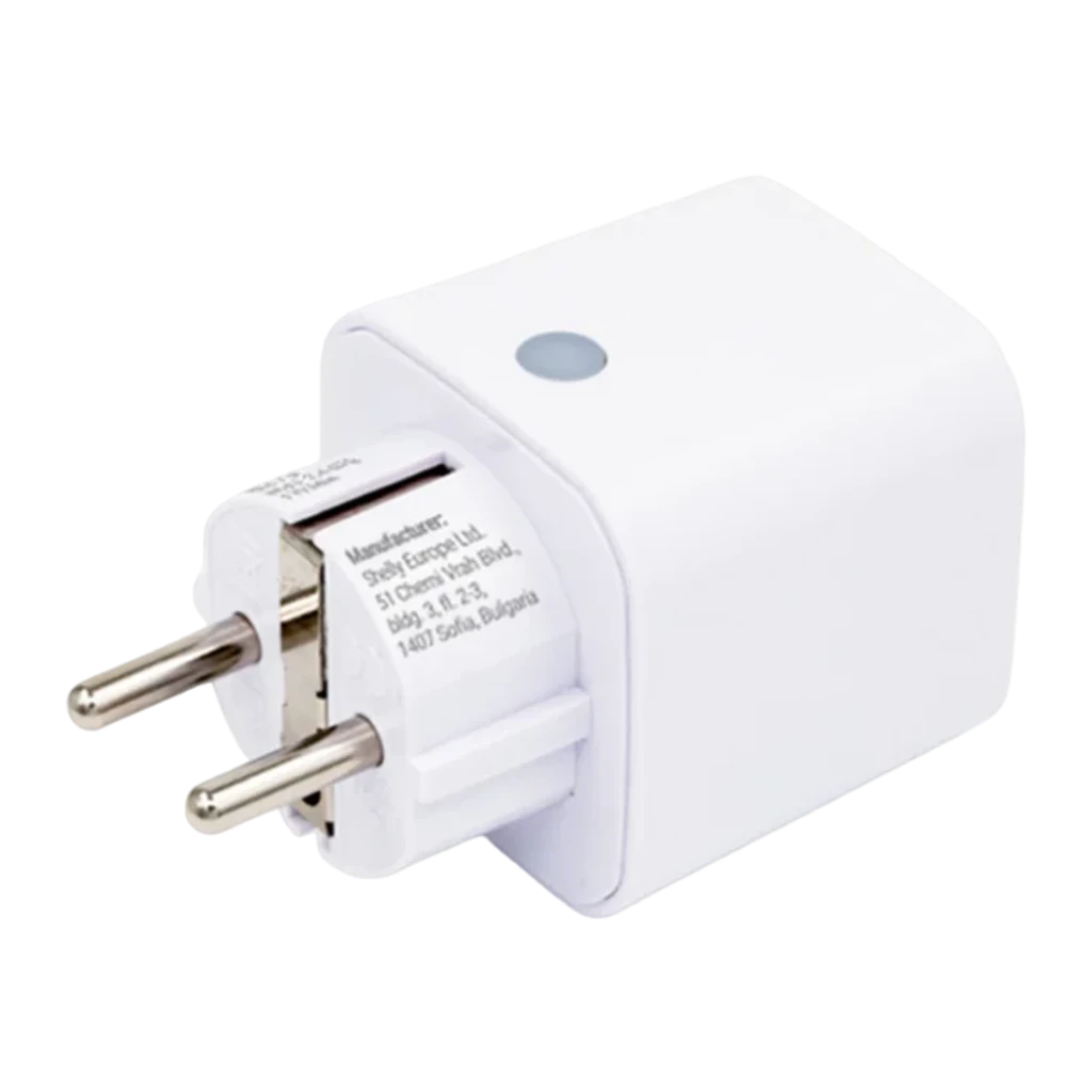 Prise intelligente Shelly Plug M Gen3 Pack 4 Blanc Mesure de consommation Matter WiFi, vue latérale: broches type F, bouton