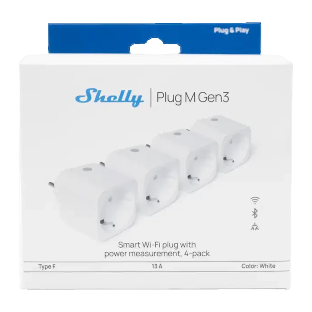 Prise intelligente Shelly Plug M Gen3 Pack 4 Blanc Mesure de consommation Matter WiFi, boîte: 4 unités blanches