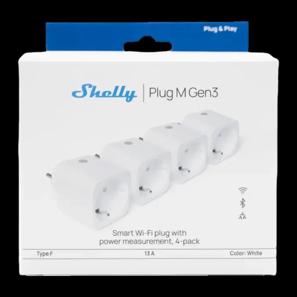 Prise intelligente Shelly Plug M Gen3 Pack 4 Blanc Mesure de consommation Matter WiFi, boîte: 4 unités blanches