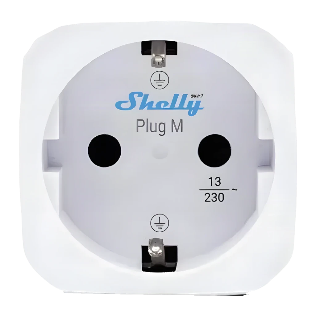 Prise intelligente Shelly Plug M Gen3 Pack 4 Blanc Mesure de consommation Matter WiFi, vue avant: prise Schuko avec logo