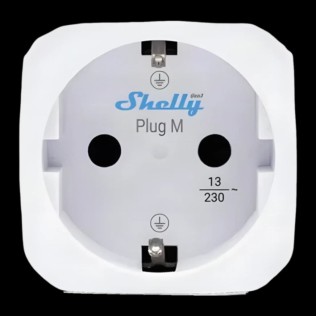 Prise intelligente Shelly Plug M Gen3 Pack 4 Blanc Mesure de consommation Matter WiFi, vue avant: prise Schuko avec logo