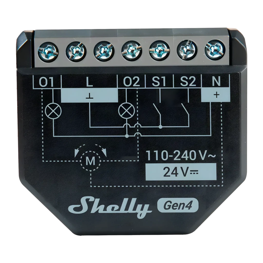 Relé inteligente Shelly 2PM Gen4 Negro Medición de consumo WiFi 6 Bluetooth 2 canales, vista frontal: diagrama de cableado