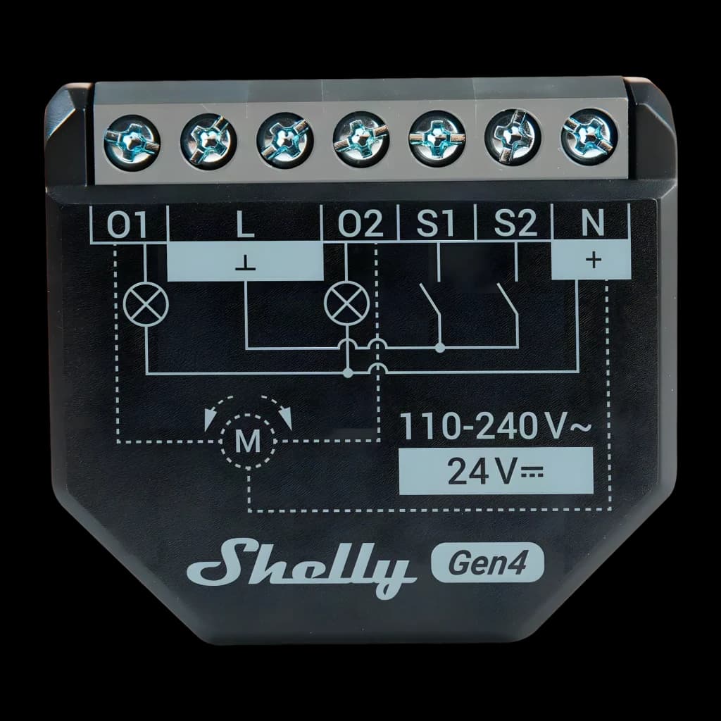 Relé inteligente Shelly 2PM Gen4 Negro Medición de consumo WiFi 6 Bluetooth 2 canales, vista frontal: diagrama de cableado
