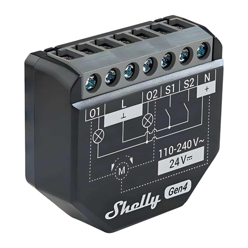 Relé inteligente Shelly 2PM Gen4 Negro Medición de consumo WiFi 6 Bluetooth 2 canales, vista frontal-lateral: diagrama