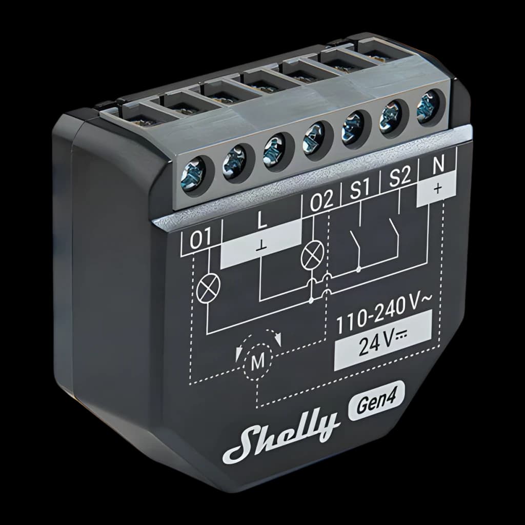 Relé inteligente Shelly 2PM Gen4 Negro Medición de consumo WiFi 6 Bluetooth 2 canales, vista frontal-lateral: diagrama