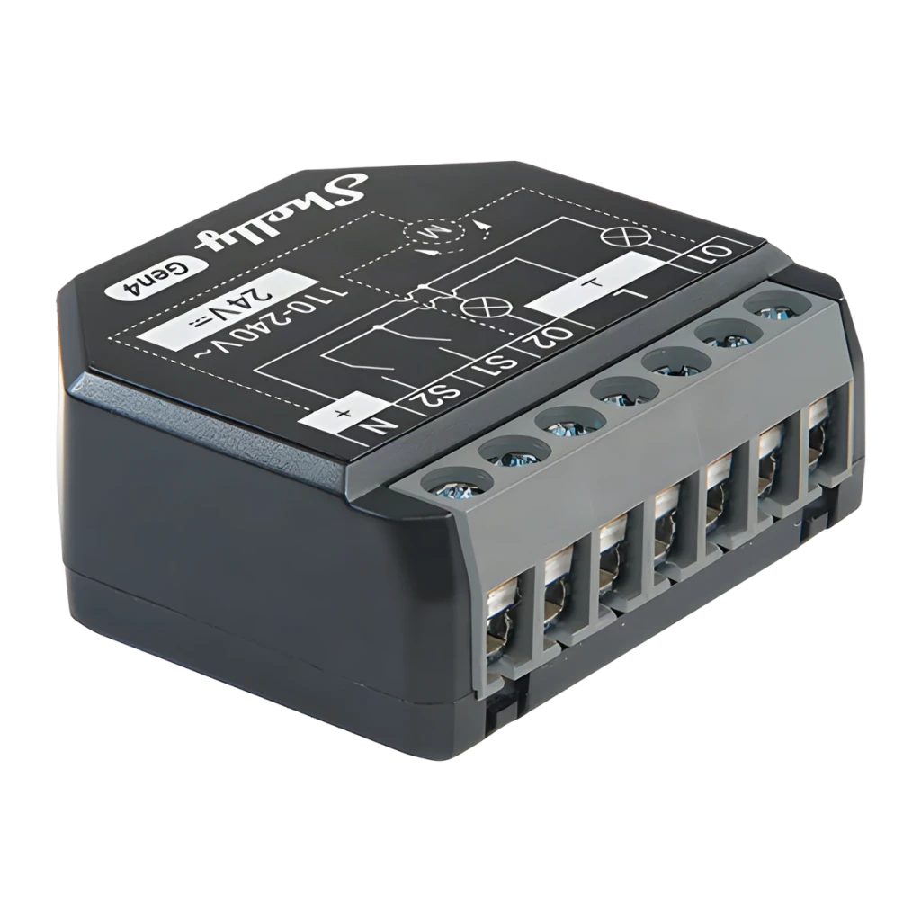 Relé inteligente Shelly 2PM Gen4 Negro Medición de consumo WiFi 6 Bluetooth 2 canales, vista angular: parte superior