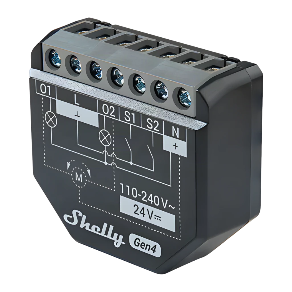 Relé inteligente Shelly 2PM Gen4 Negro Medición de consumo WiFi 6 Bluetooth 2 canales, vista frontal-lateral: diagrama