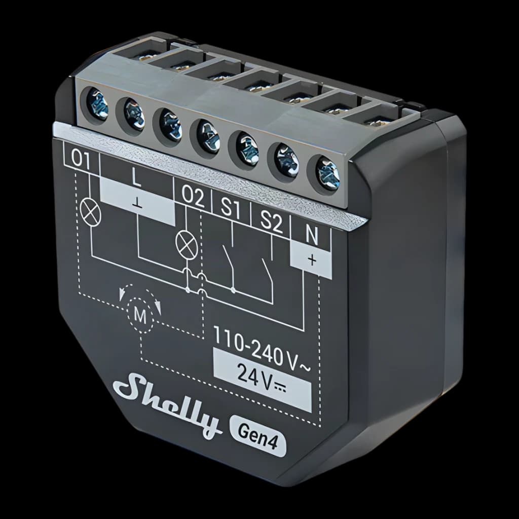Relé inteligente Shelly 2PM Gen4 Negro Medición de consumo WiFi 6 Bluetooth 2 canales, vista frontal-lateral: diagrama