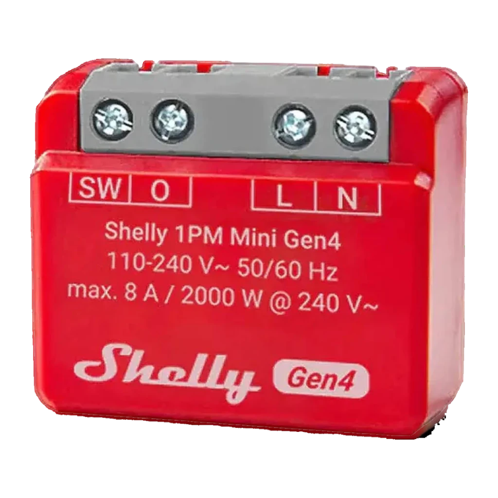 Relais Wi-Fi Shelly 1PM Mini Gen4 Rouge Mesure Consommation 8A / 2000W, face avant: bornes SW O L N gris et spécifications