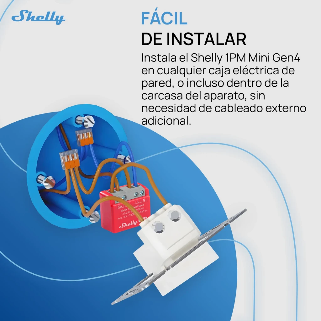 Relais Wi-Fi Shelly 1PM Mini Gen4 Rouge Mesure Consommation 8A / 2000W, installation: unité rouge câblée dans un boîtier