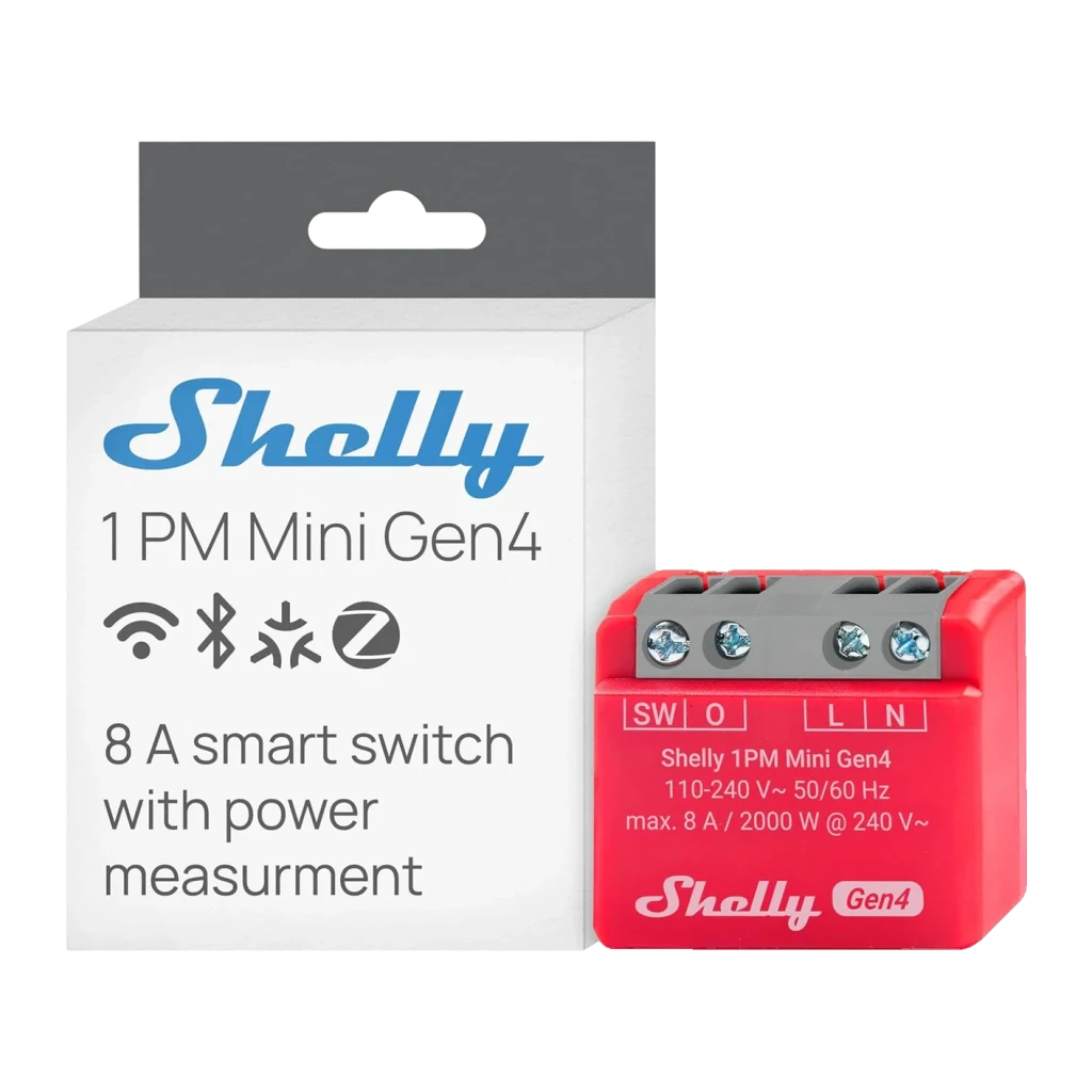 Relais Wi-Fi Shelly 1PM Mini Gen4 Rouge Mesure Consommation 8A / 2000W, boîte et appareil: emballage gris avec icônes