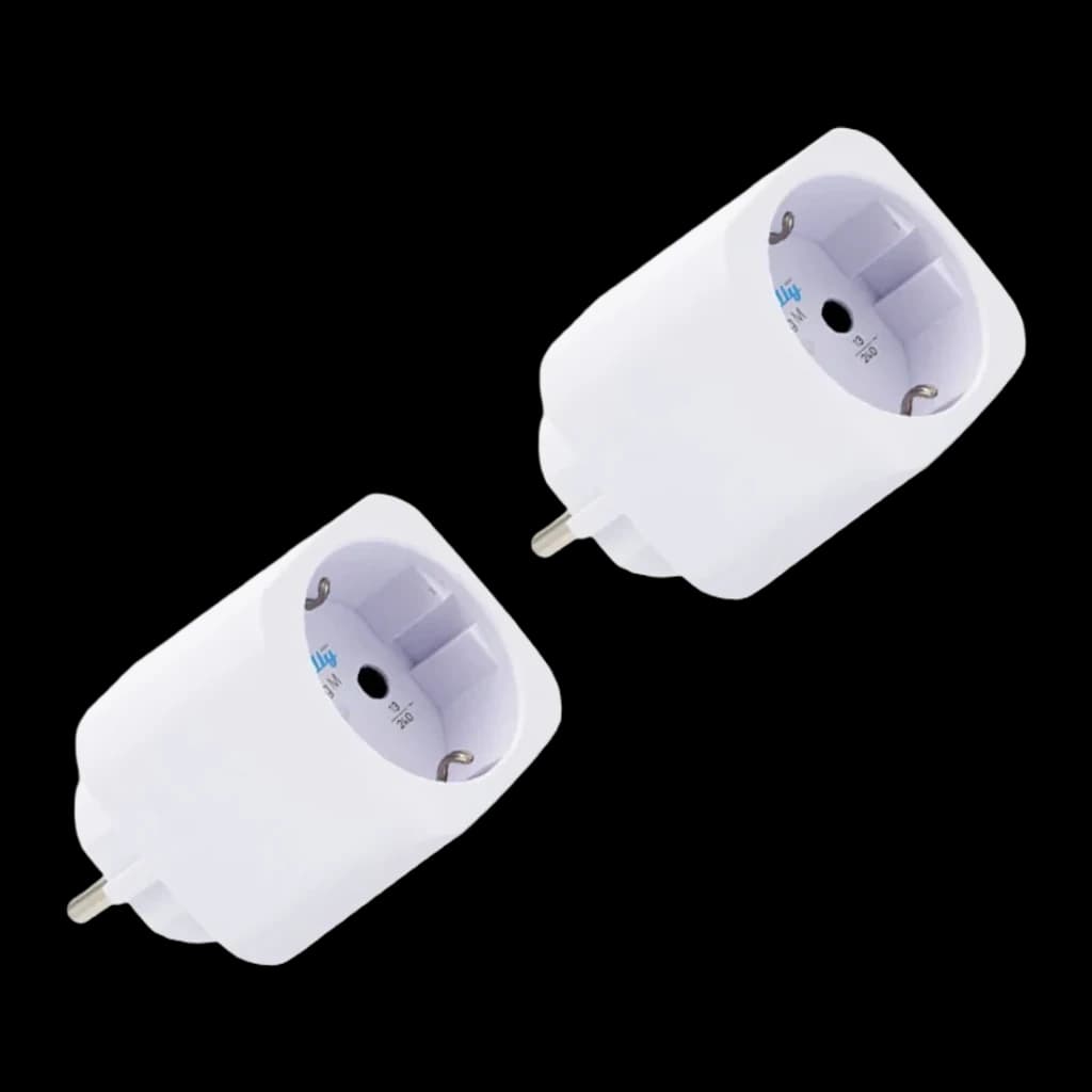 Prise intelligente Shelly Plug M Gen3 Blanc Mesure consommation Matter WiFi 13A, vue avant: deux unités avec prise Schuko