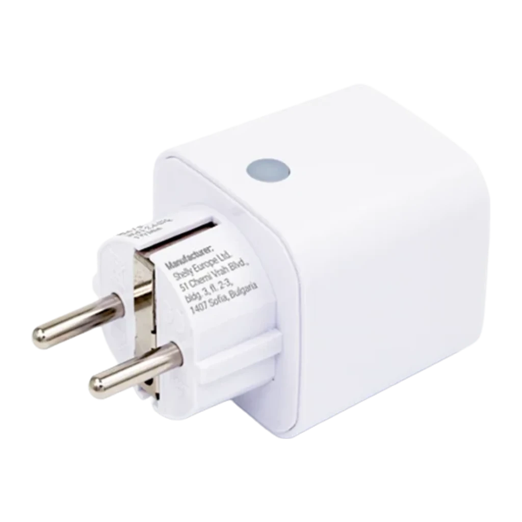 Prise intelligente Shelly Plug M Gen3 Blanc Mesure consommation Matter WiFi 13A, vue latérale-avant: broches Schuko