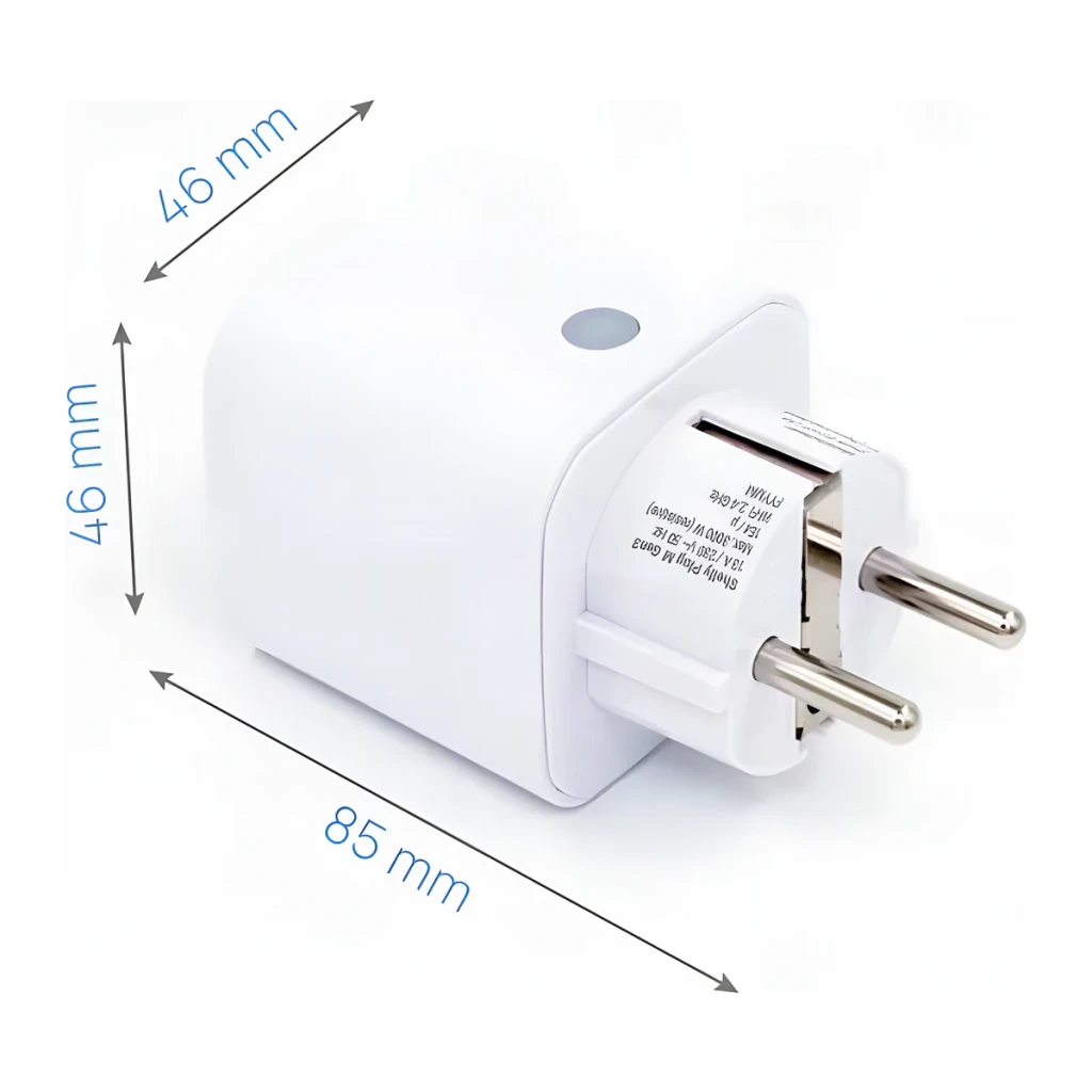 Prise intelligente Shelly Plug M Gen3 Blanc Mesure consommation Matter WiFi 13A, vue latérale avec dimensions: 46x46x85 mm