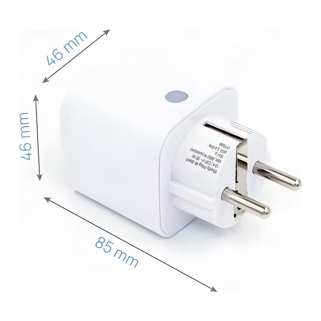 Prise intelligente Shelly Plug M Gen3 Blanc Mesure consommation Matter WiFi 13A, vue latérale avec dimensions: 46x46x85 mm