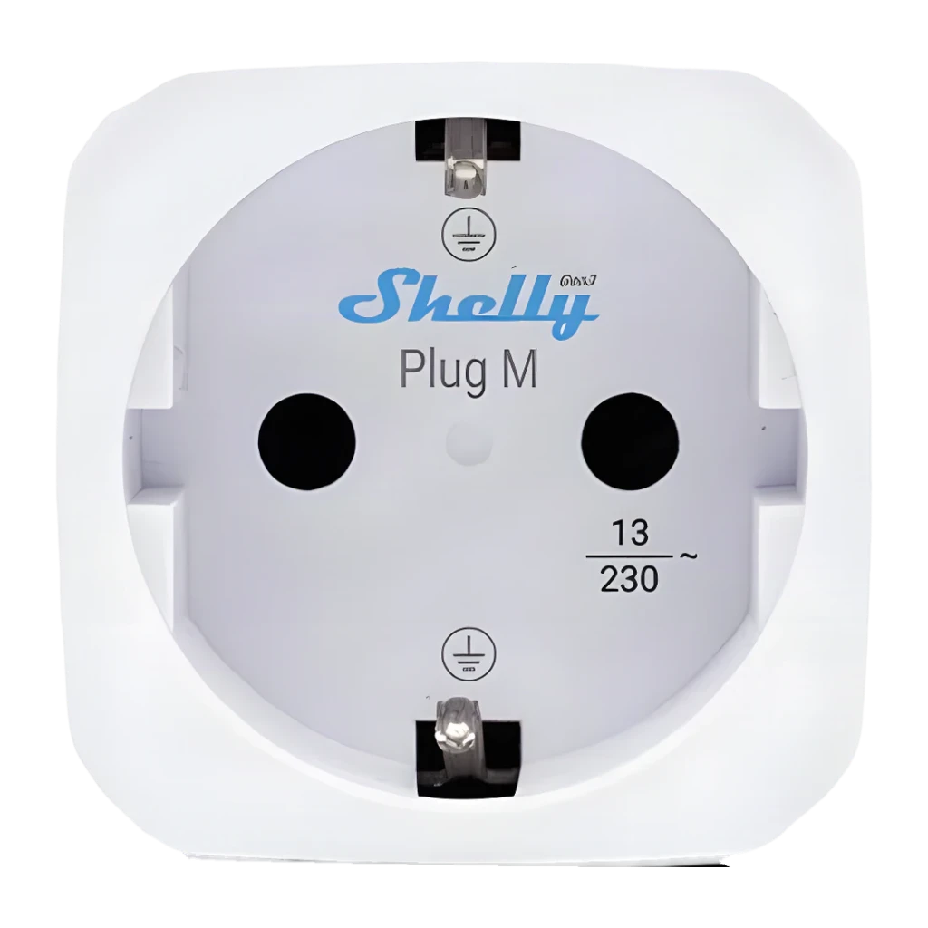 Prise intelligente Shelly Plug M Gen3 Blanc Mesure consommation Matter WiFi 13A, vue avant: prise Schuko avec logo Shelly