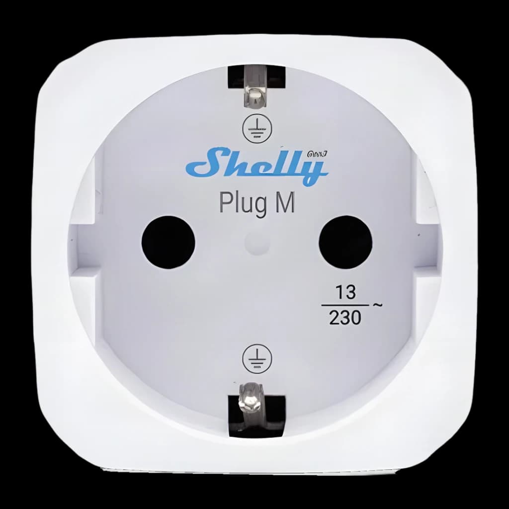 Prise intelligente Shelly Plug M Gen3 Blanc Mesure consommation Matter WiFi 13A, vue avant: prise Schuko avec logo Shelly