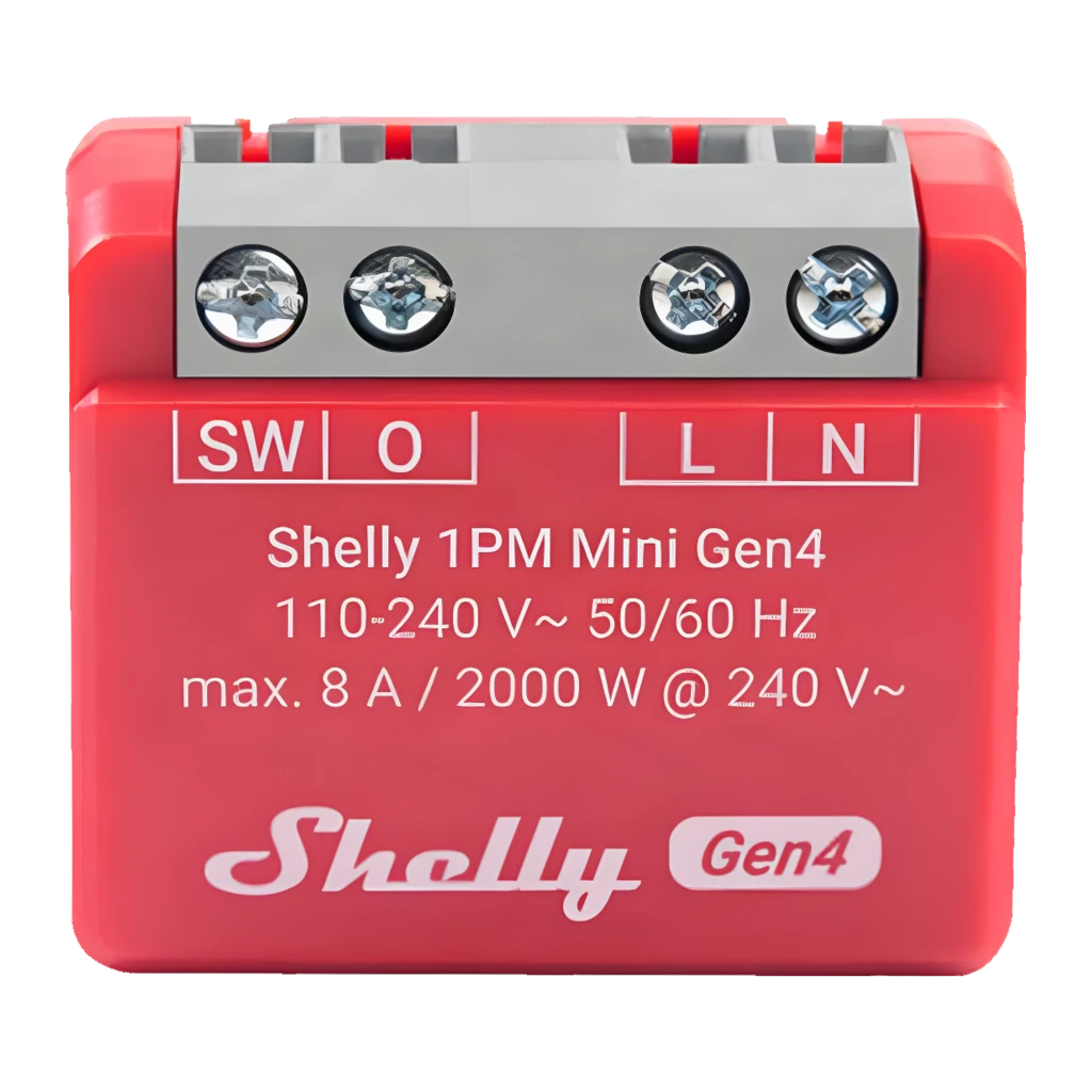 Relé inteligente Shelly 1PM Mini Gen4 Pack 2 unidades, módulos rojos compactos con carcasa gris y bornes de tornillo frontales para instalación eléctrica - Ítem4