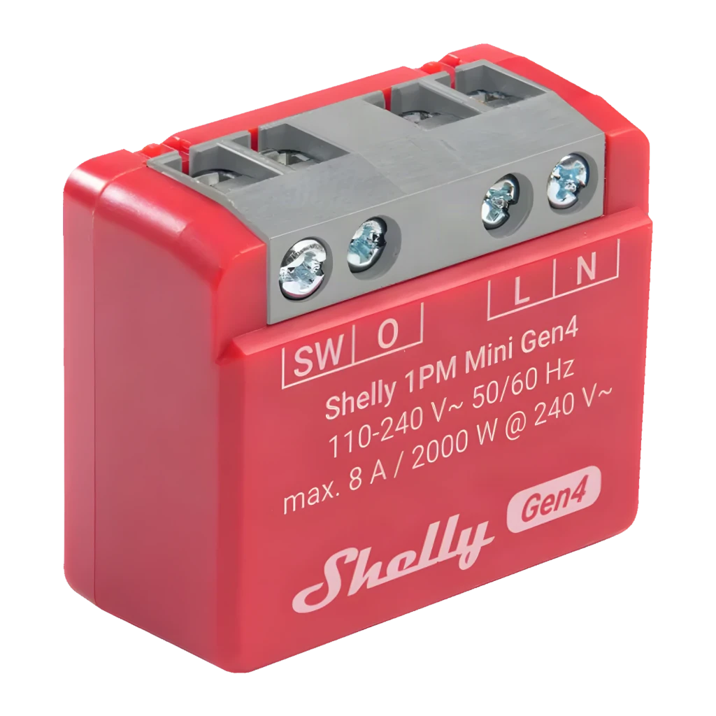 Relé inteligente Shelly 1PM Mini Gen4 Pack 2 unidades, módulos rojos compactos con carcasa gris y bornes de tornillo frontales para instalación eléctrica - Ítem6
