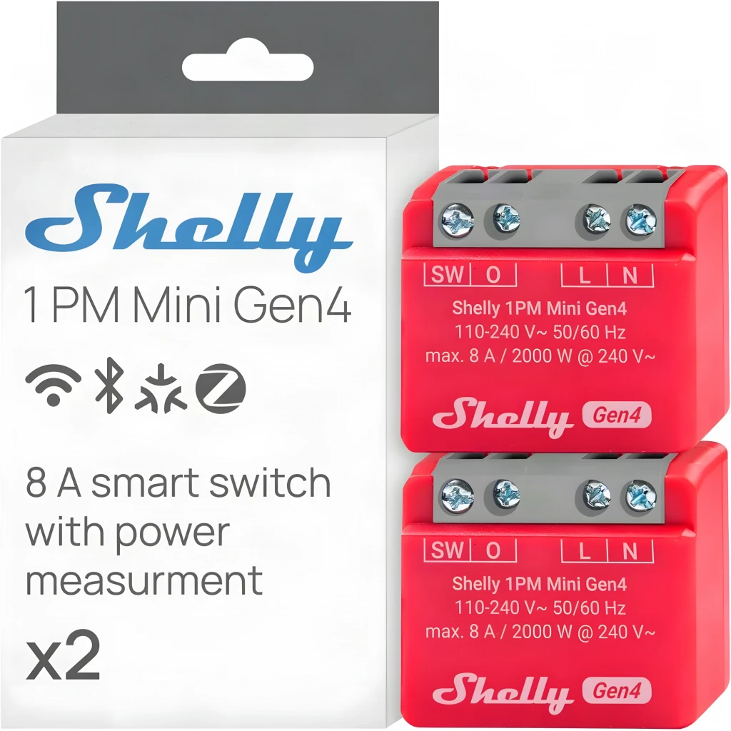 Relé inteligente Shelly 1PM Mini Gen4 Pack 2 unidades, módulos rojos compactos con carcasa gris y bornes de tornillo frontales para instalación eléctrica - Ítem2