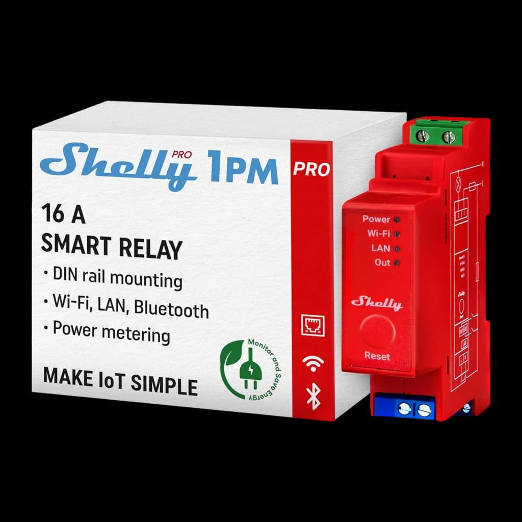 Relé inteligente Shelly Pro 1PM vermelho para trilho DIN, com LEDs de status, botões e terminais; mede energia e conecta via Wi‑Fi, LAN e Bluetooth
