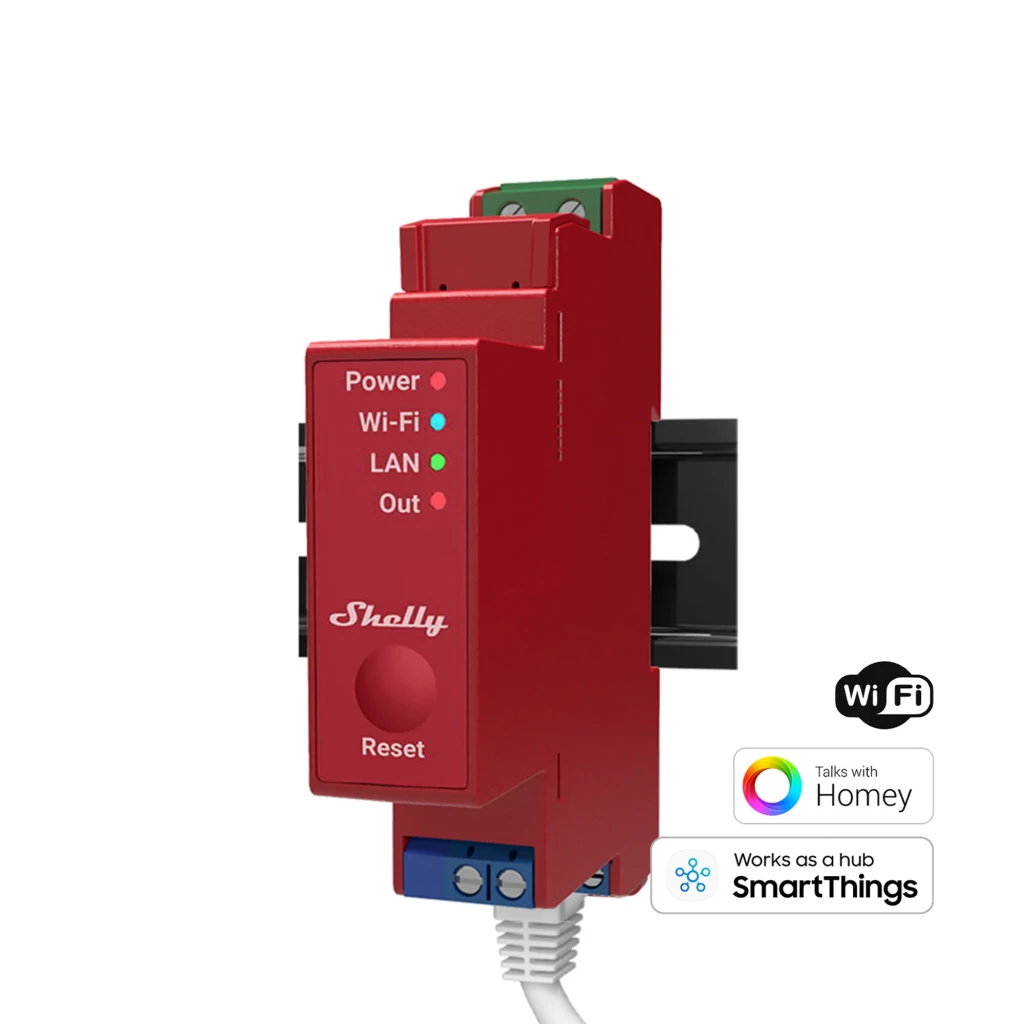 Módulo rojo Shelly Pro 1PM para carril DIN con indicadores LED Power, Wi‑Fi, LAN y Out; bornes verdes y azules, botón Reset, carcasa robusta para control y - Ítem6