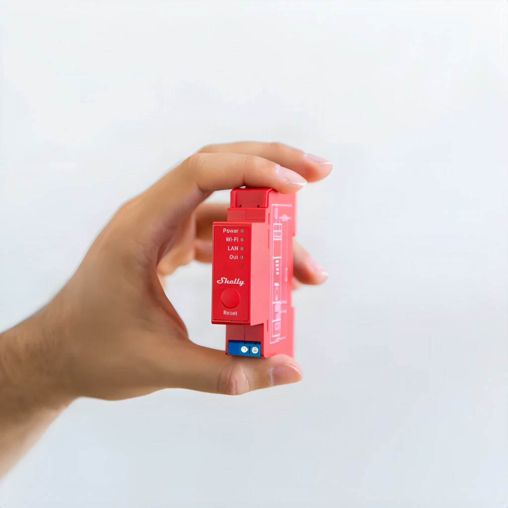 Módulo rojo Shelly Pro 1PM para carril DIN con indicadores LED Power, Wi‑Fi, LAN y Out; bornes verdes y azules, botón Reset, carcasa robusta para control y - Ítem5