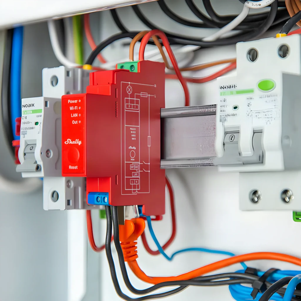 Módulo rojo Shelly Pro 1PM para carril DIN con indicadores LED Power, Wi‑Fi, LAN y Out; bornes verdes y azules, botón Reset, carcasa robusta para control y - Ítem3