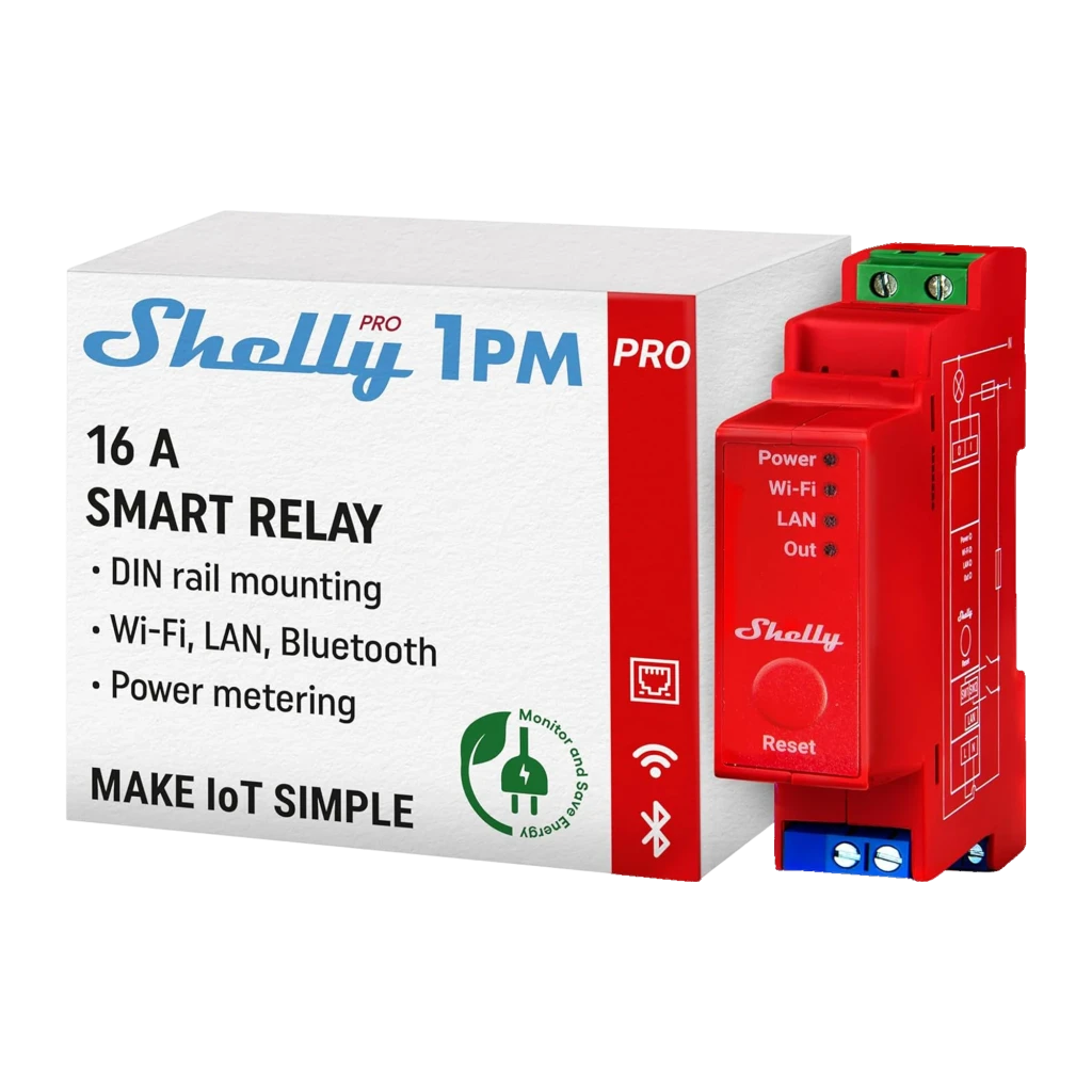 Módulo rojo Shelly Pro 1PM para carril DIN con indicadores LED Power, Wi‑Fi, LAN y Out; bornes verdes y azules, botón Reset, carcasa robusta para control y - Ítem4