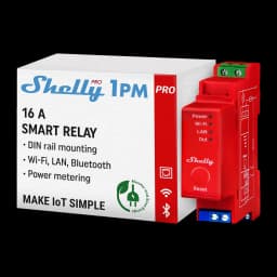Relé inteligente Shelly Pro 1PM vermelho para trilho DIN, 16 A, com LEDs Power, Wi-Fi, LAN e Out, botão Reset e terminais verdes; caixa destaca Wi‑Fi, LAN,
