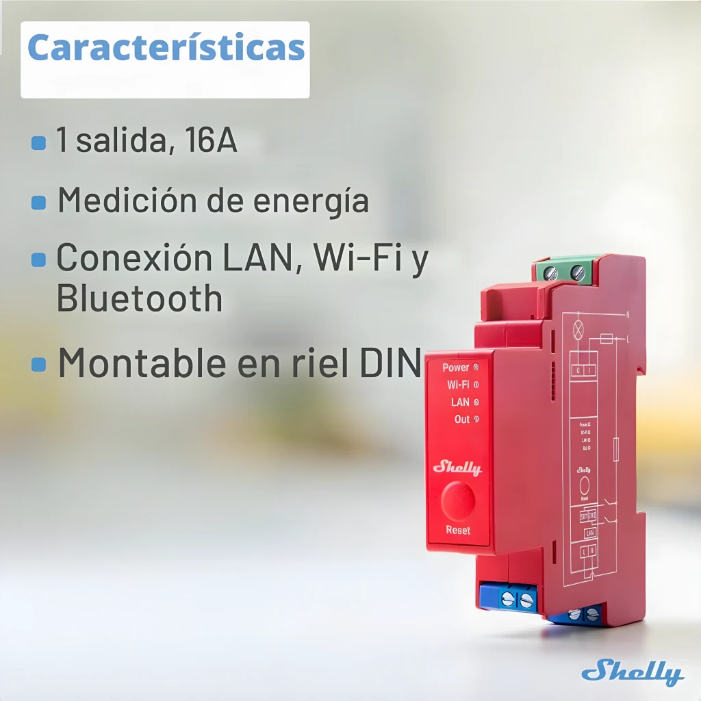 Módulo rojo Shelly Pro 1PM para carril DIN con indicadores LED Power, Wi‑Fi, LAN y Out; bornes verdes y azules, botón Reset, carcasa robusta para control y - Ítem2