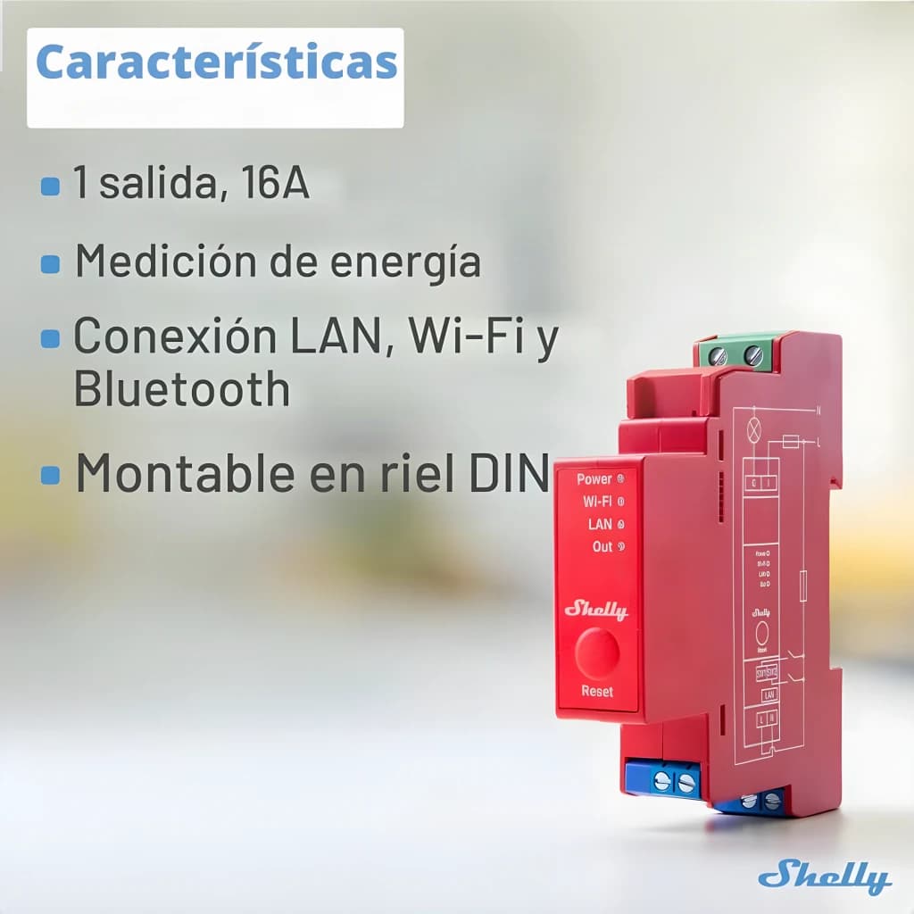 Relé inteligente Shelly Pro 1PM Contador de energia integrado em módulo vermelho para trilho DIN, 1 saída 16A, LEDs de status e botão Reset, conexões LAN,