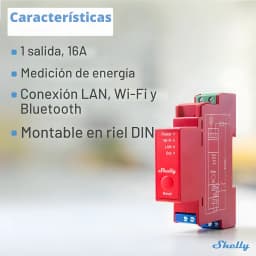 Relé inteligente Shelly Pro 1PM Contador de energia integrado em módulo vermelho para trilho DIN, 1 saída 16A, LEDs de status e botão Reset, conexões LAN,