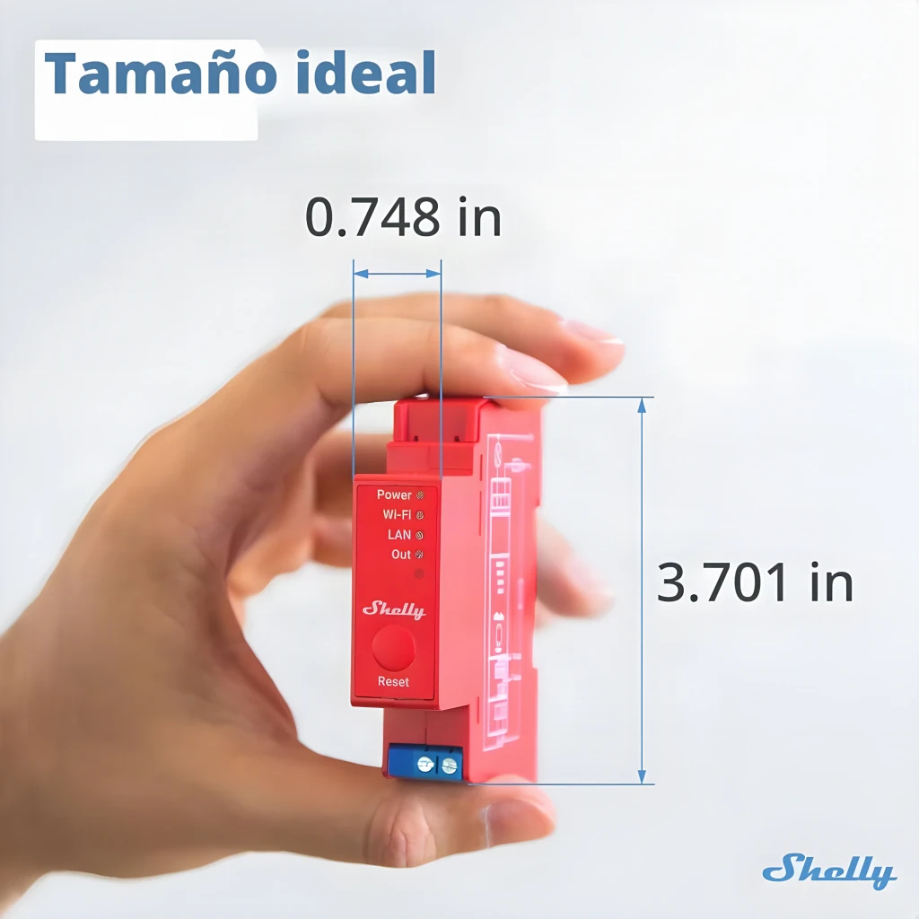 Módulo rojo Shelly Pro 1PM para carril DIN con indicadores LED Power, Wi‑Fi, LAN y Out; bornes verdes y azules, botón Reset, carcasa robusta para control y - Ítem1