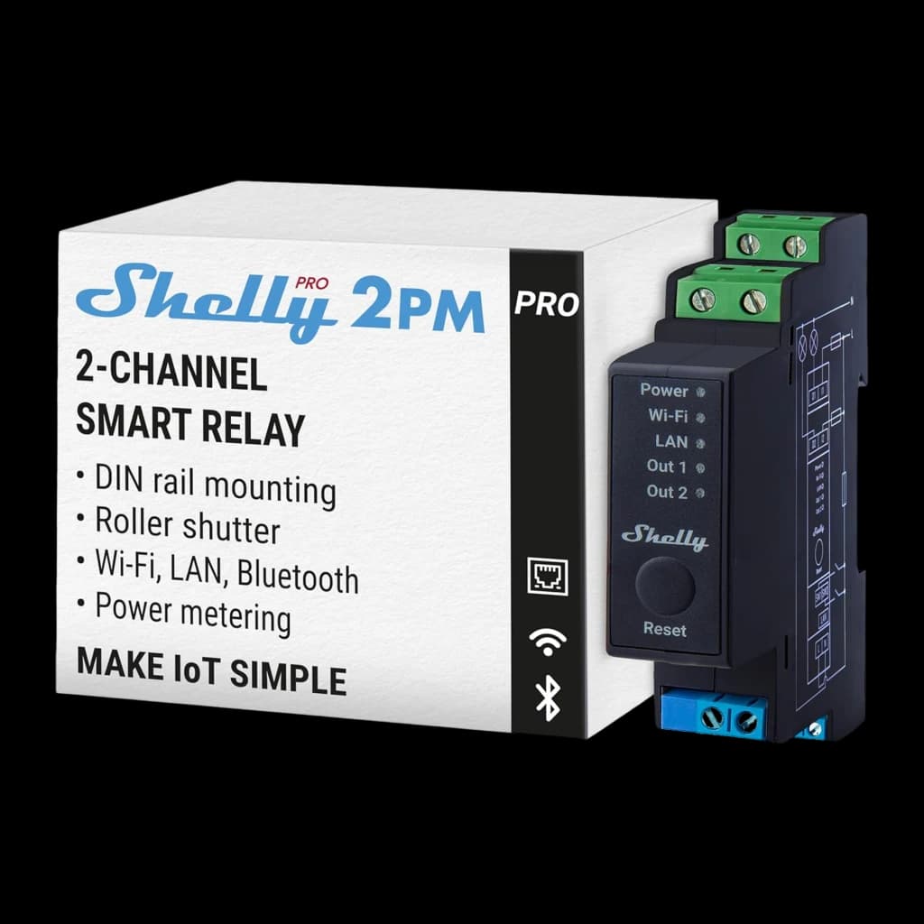 Relé Shelly Pro 2PM 16A com 2 canais, montagem em trilho DIN, medição de consumo, botões e LEDs Power, Wi-Fi, LAN, Bluetooth, entradas e bornes verdes