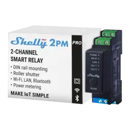 Relé Shelly Pro 2PM 16A com 2 canais, montagem em trilho DIN, medição de consumo, botões e LEDs Power, Wi-Fi, LAN, Bluetooth, entradas e bornes verdes