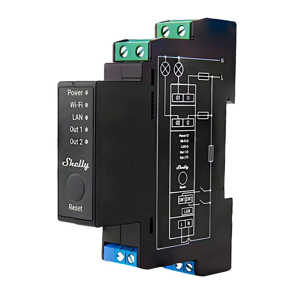 Relé Shelly Pro 2PM 16A de 2 canales, montaje en riel DIN, con medidor de consumo. Indicadores LED, botones Reset y conexiones LAN, WiFi y Bluetooth - Ítem6