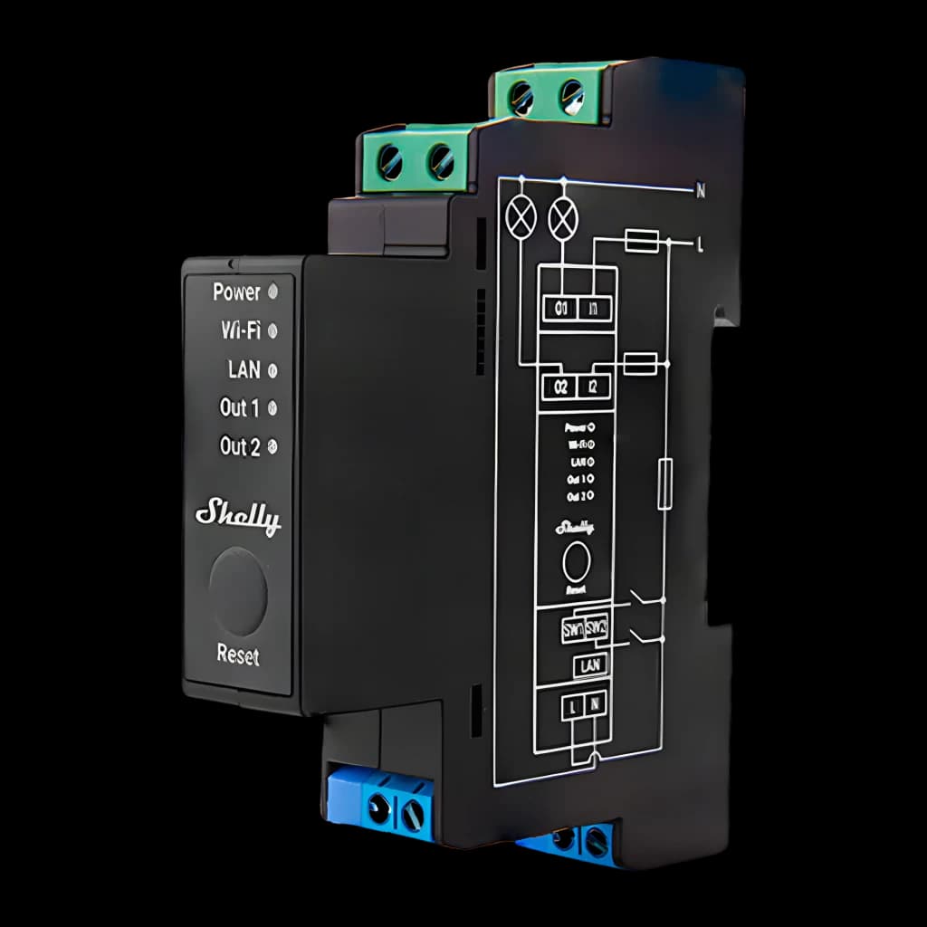 Relé Shelly Pro 2PM WiFi 16A em módulo DIN preto, com botões Power e Reset, LEDs de status, terminais para LAN e saídas Out 1 e Out 2, diagrama elétrico