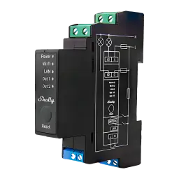 Relé Shelly Pro 2PM WiFi 16A em módulo DIN preto, com botões Power e Reset, LEDs de status, terminais para LAN e saídas Out 1 e Out 2, diagrama elétrico