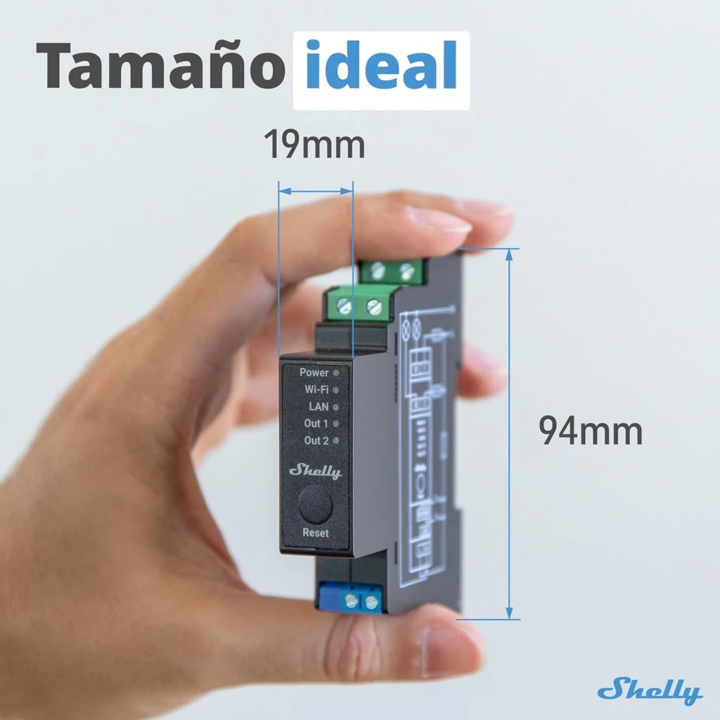 Relé Shelly Pro 2PM 16A de 2 canales, montaje en riel DIN, con medidor de consumo. Indicadores LED, botones Reset y conexiones LAN, WiFi y Bluetooth - Ítem5