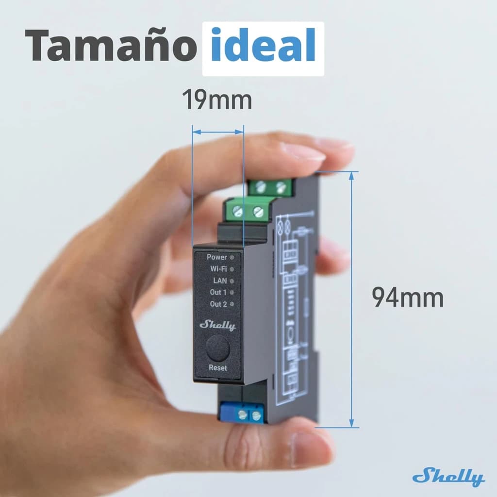 Relé Shelly Pro 2PM Medição de consumo WiFi 16A compacto DIN, 94 mm x 19 mm, botões Power e Reset, terminais verdes e azuis, indicadores LAN e Wi‑Fi