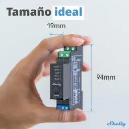 Relé Shelly Pro 2PM Medição de consumo WiFi 16A compacto DIN, 94 mm x 19 mm, botões Power e Reset, terminais verdes e azuis, indicadores LAN e Wi‑Fi