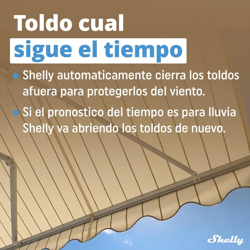 Toldo retrátil bege com listras, estrutura metálica e braços articulados, ideal para varandas. Destaque para automação Shelly que fecha e abre conforme o