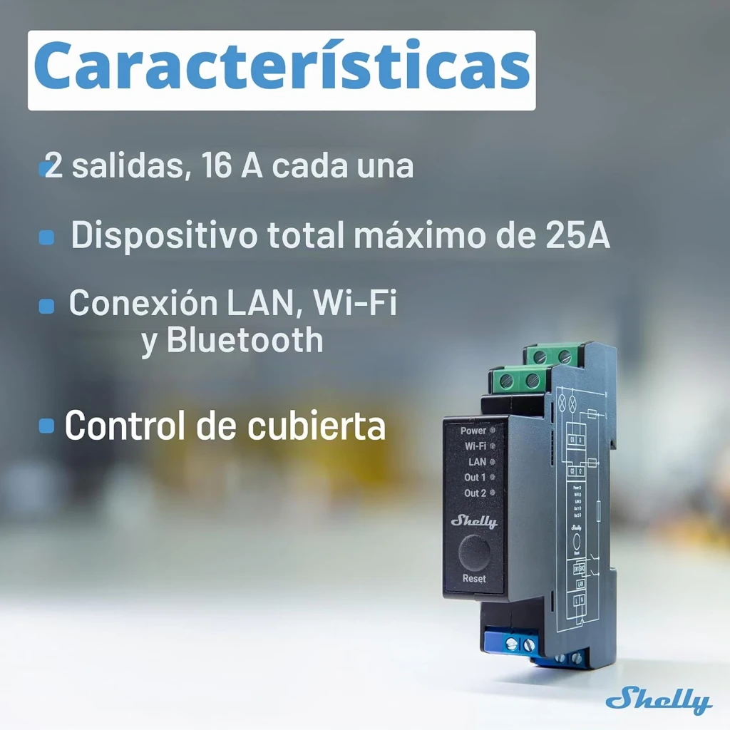 Relé Shelly Pro 2PM 16A de 2 canales, montaje en riel DIN, con medidor de consumo. Indicadores LED, botones Reset y conexiones LAN, WiFi y Bluetooth - Ítem3