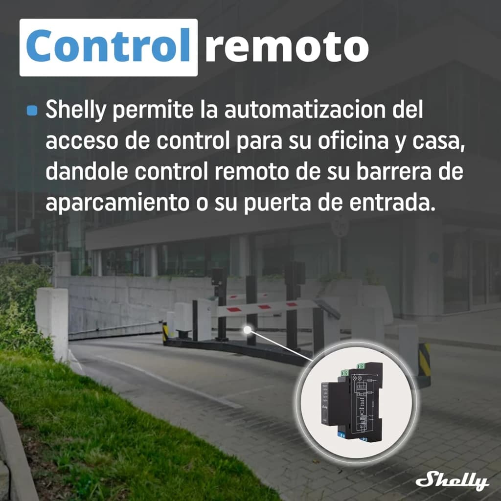 Módulo Relé Shelly Pro 2PM WiFi 16A, preto, compacto, com terminais verdes e indicadores. Ideal para automação de portões e barreiras com medição de
