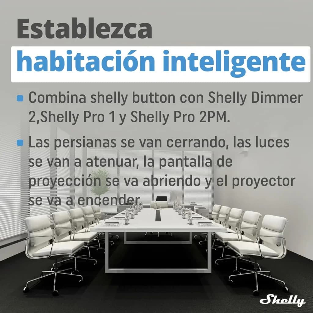 Cartaz promocional Shelly com sala de reuniões moderna; destaca texto Establezca habitación inteligente e integra Shelly Button, Shelly Dimmer 2, Pro 1 y Pro
